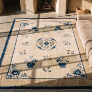 1890s Chinese Peking Ivory Rectangle Antique Room Size Wool Knotted Rug (SKU 22502) - styled overhead view