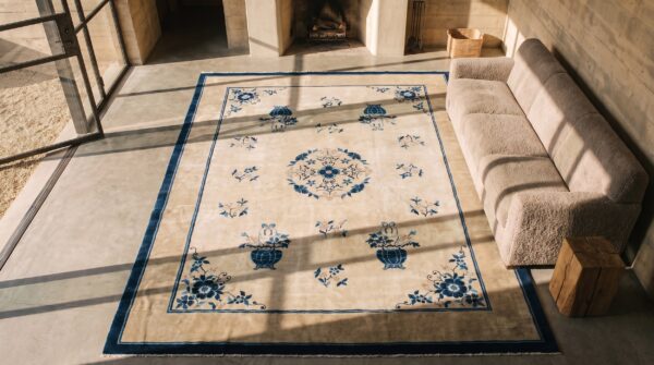 1890s chinese peking ivory rectangle antique room size wool knotted rug (sku 22502) - styled overhead view