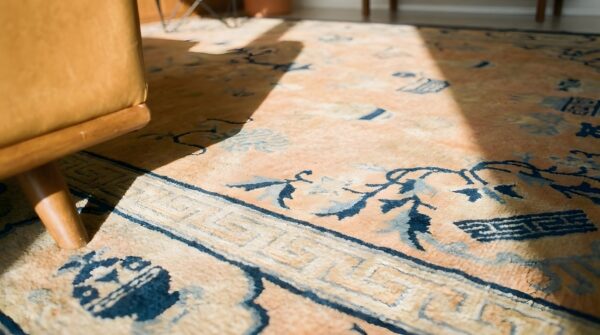Hand knotted pile 1890s coral rectangle wool antique rug 10 Hand knotted pile 1890s coral rectangle wool antique rug (sku 23580) - in-room detail
