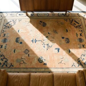 Hand Knotted Pile 1890s Coral Rectangle Wool Antique Rug (SKU 23580) - styled overhead view