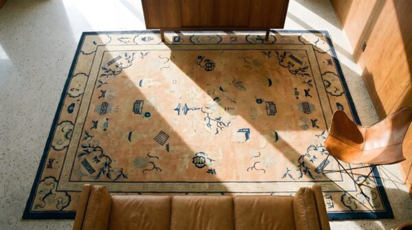 Hand knotted pile 1890s coral rectangle wool antique rug 2 Hand knotted pile 1890s coral rectangle wool antique rug (sku 23580) - styled overhead view
