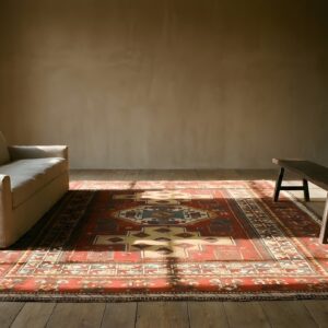 1890s Coral Hand Knotted Pile Wool Square Geometric Medallion Antique Rug (SKU 21736) - room view