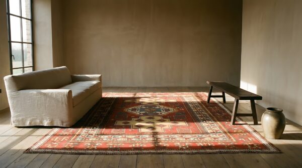 1890s coral hand knotted pile wool square geometric medallion antique rug (sku 21736) - room view