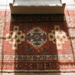 1890s Coral Hand Knotted Pile Wool Square Geometric Medallion Antique Rug (SKU 21736) - styled overhead view