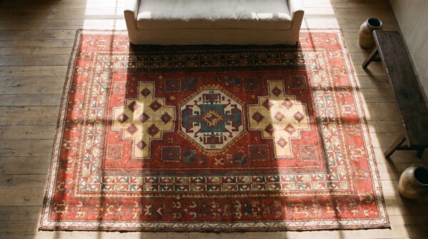 1890s coral hand knotted pile wool square geometric medallion antique rug (sku 21736) - styled overhead view