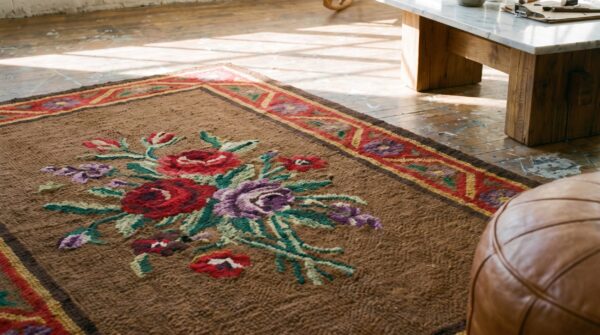 1890s hooked small scatter size american wool antique rug (sku 19357) - in-room detail