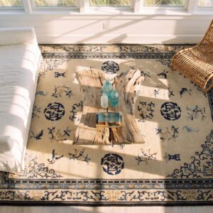 1890s Ivory Beige Cream White Rectangle Hand Knotted Pile Wool Antique Rug (SKU 24440) - styled overhead view