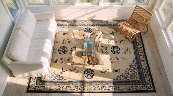 1890s ivory beige cream white rectangle hand knotted pile wool antique rug (sku 24440) - styled overhead view