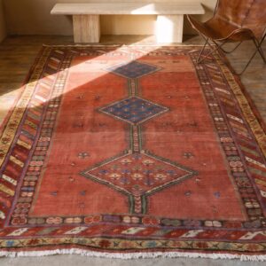Antique 1890s N.W. Persian Geometric Red Wool Hallway Runner Rug (SKU 21608) - styled overhead view