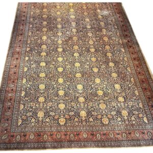 1890s Navy Blue Classic Traditional Luxury Antique Kashan Mohtasham Gallery Rug