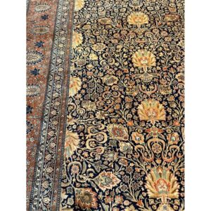 1890s Navy Blue Classic Traditional Luxury Antique Kashan Mohtasham Gallery Rug - detail view 1