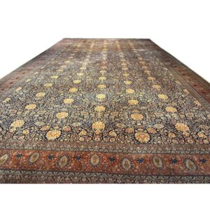 1890s Navy Blue Classic Traditional Luxury Antique Kashan Mohtasham Gallery Rug - detail view 4