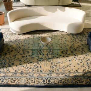 Hand Knotted Pile Wool 1890s Antique Rectangle Ivory Beige Cream White Rug (SKU 23812) - styled overhead view