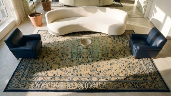 Hand knotted pile wool 1890s antique rectangle ivory beige cream white rug 2 Hand knotted pile wool 1890s antique rectangle ivory beige cream white rug (sku 23812) - styled overhead view