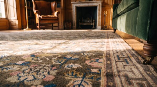 1890s rectangle antique wool ivory beige cream white allover floral hand knotted pile large rug (sku 22335) - in-room detail