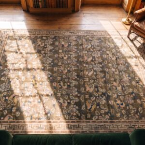 1890s Rectangle Antique Wool Ivory Beige Cream White Allover Floral Hand Knotted Pile Large Rug (SKU 22335) - styled overhead view