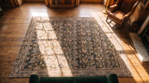 1890s rectangle antique wool ivory beige cream white allover floral hand knotted pile large rug (sku 22335) - styled overhead view