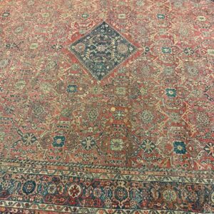 1890s Red Field Medallion Large Scale Antique Sultanabad Knotted Wool Rug - detail view 2