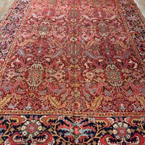 1890s Red Ground Geometric Antique Heriz Handknotted Room Size Rug - detail view 1