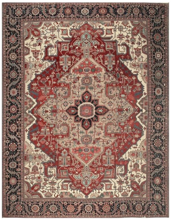 1890s traditional beige field medallion geometric antique heriz knotted wool rug