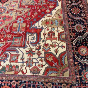 1890s Traditional Beige Field Medallion Geometric Antique Heriz Knotted Wool Rug - detail view 2