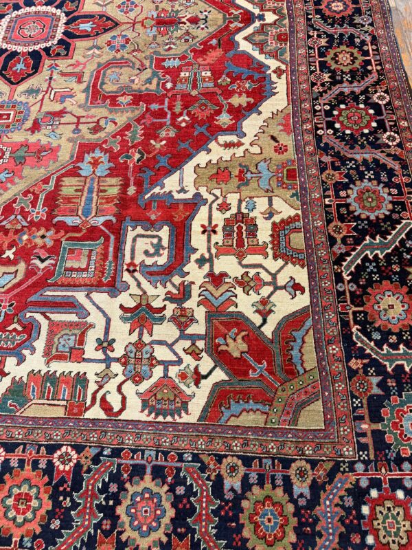 1890s traditional beige field medallion geometric antique heriz knotted wool rug - detail view 2