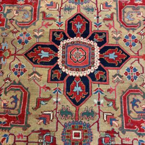 1890s Traditional Beige Field Medallion Geometric Antique Heriz Knotted Wool Rug - detail view 4