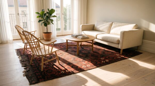 Antique hand knotted pile 1900s allover geometric blue rectangle wool rug 8 Antique hand knotted pile 1900s allover geometric blue rectangle wool rug (sku 25298) - room view