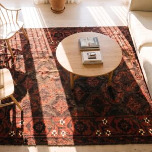 Antique Hand Knotted Pile 1900s Allover Geometric Blue Rectangle Wool Rug (SKU 25298) - styled overhead view