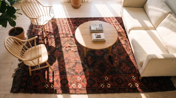 Antique hand knotted pile 1900s allover geometric blue rectangle wool rug 2 Antique hand knotted pile 1900s allover geometric blue rectangle wool rug (sku 25298) - styled overhead view