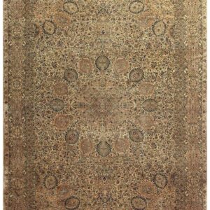 1900s Antique Beige Ground Shah Abbas Floral Kerman Knotted Wool Carpet Rug