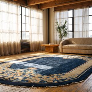 1900s Wool Blue Antique Oval Hand Knotted Pile Floral Rug (SKU 23042) - room view