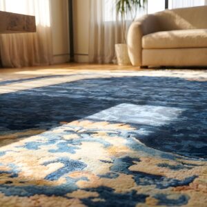 1900s Wool Blue Antique Oval Hand Knotted Pile Floral Rug (SKU 23042) - in-room detail