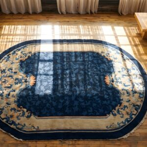 1900s Wool Blue Antique Oval Hand Knotted Pile Floral Rug (SKU 23042) - styled overhead view