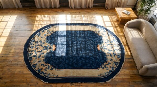 1900s wool blue antique oval hand knotted pile floral rug 2 1900s wool blue antique oval hand knotted pile floral rug (sku 23042) - styled overhead view