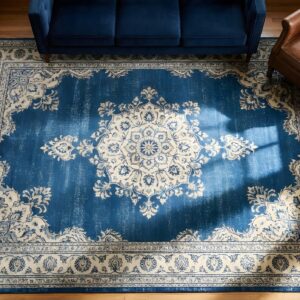 1900s Hand Knotted Pile Antique Wool Blue Rectangle Rug (SKU 23811) - styled overhead view