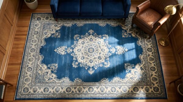 1900s hand knotted pile antique wool blue rectangle rug 2 1900s hand knotted pile antique wool blue rectangle rug (sku 23811) - styled overhead view