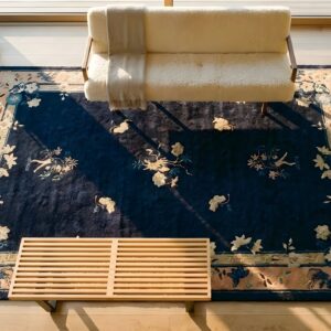 1900s Wool Antique Hand Knotted Pile Blue Rectangle Rug (SKU 24937) - styled overhead view