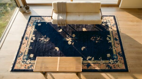 1900s wool antique hand knotted pile blue rectangle rug 2 1900s wool antique hand knotted pile blue rectangle rug (sku 24937) - styled overhead view