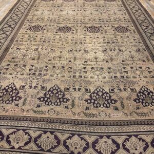 1900s Camel Field Geometric Antique Amritsar Indian Knotted Wool Oversized Rug - detail view 1
