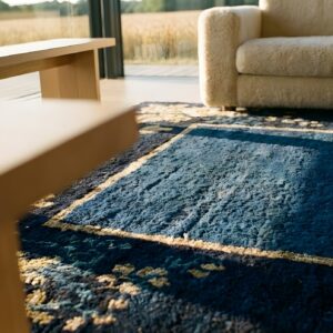Antique 1900s Chinese Peking Square Blue Wool Rug - Small Scatter Size (SKU 25230) - in-room detail