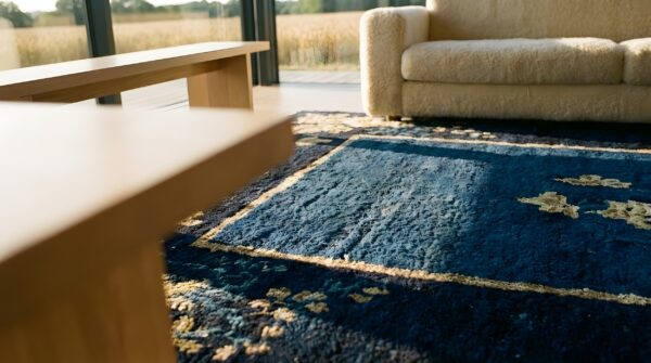 Antique 1900s chinese peking square blue wool rug - small scatter size 8 Antique 1900s chinese peking square blue wool rug - small scatter size (sku 25230) - in-room detail