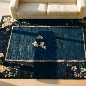 Antique 1900s Chinese Peking Square Blue Wool Rug - Small Scatter Size (SKU 25230) - styled overhead view