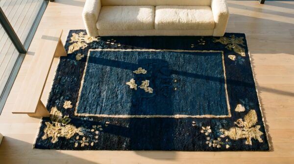 Antique 1900s chinese peking square blue wool rug - small scatter size 2 Antique 1900s chinese peking square blue wool rug - small scatter size (sku 25230) - styled overhead view