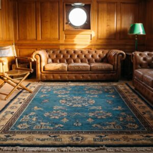 1900s Hand Knotted Pile Wool Antique Floral Medallion Rectangle Blue Rug (SKU 22946) - room view
