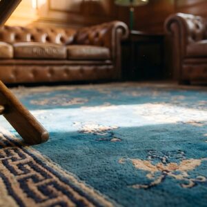 1900s Hand Knotted Pile Wool Antique Floral Medallion Rectangle Blue Rug (SKU 22946) - in-room detail