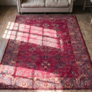 1900s Fuchsia Red Antique Formal Persian Kashan Carpet 4'6"x6'10" Silk Carpet (SKU 21609) - styled overhead view
