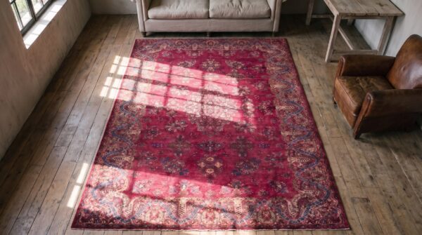 1900s fuchsia red antique formal persian kashan carpet 4'6"x6'10" silk carpet (sku 21609) - styled overhead view