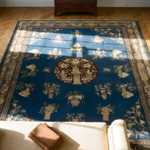 1900s Rectangle Hand Knotted Pile Blue Antique Wool Rug (SKU 24296) - styled overhead view