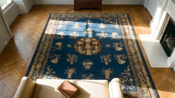 1900s rectangle hand knotted pile blue antique wool rug 2 1900s rectangle hand knotted pile blue antique wool rug (sku 24296) - styled overhead view